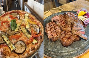 pizza e piatto di carne alla griglia di A21 Ristopizza