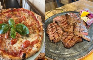 pizza e piatto di carne alla griglia di A21 Ristopizza